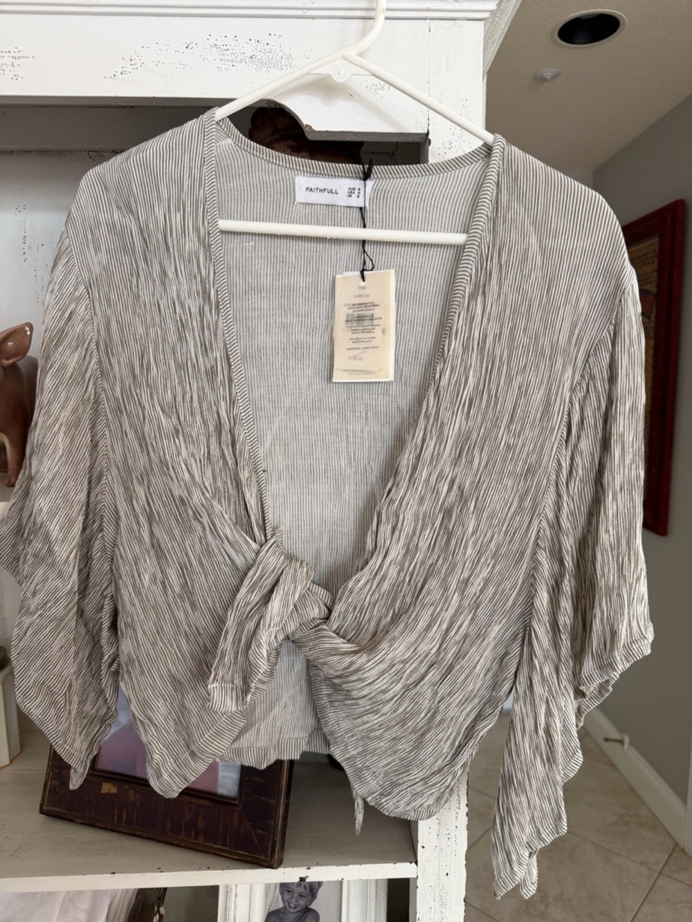 Faithfull the Brand Taupe-Striped Tie Front Blouse